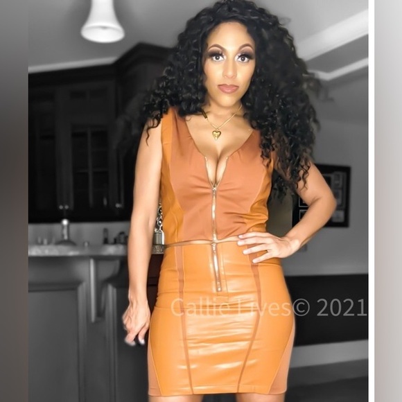 Dani Caramel Faux Leather Zip Up Mini Skirt Set - Picture 3 of 14